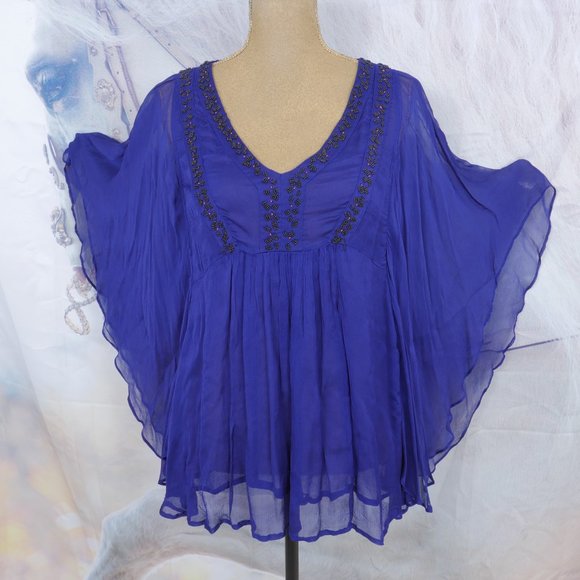 Free People Purple Beaded Detail Wide Sheer Sleeve 70's Inspired Boho S XS Top - Picture 5 of 12